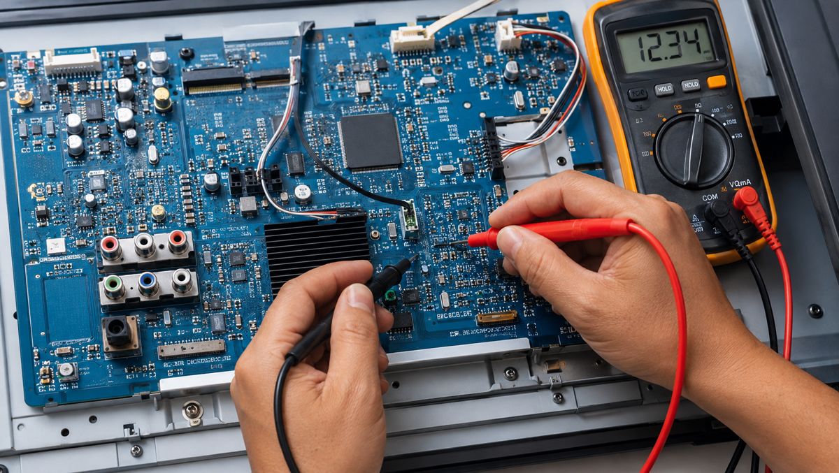Técnico midiendo la fuente de alimentación de un televisor con multímetro
